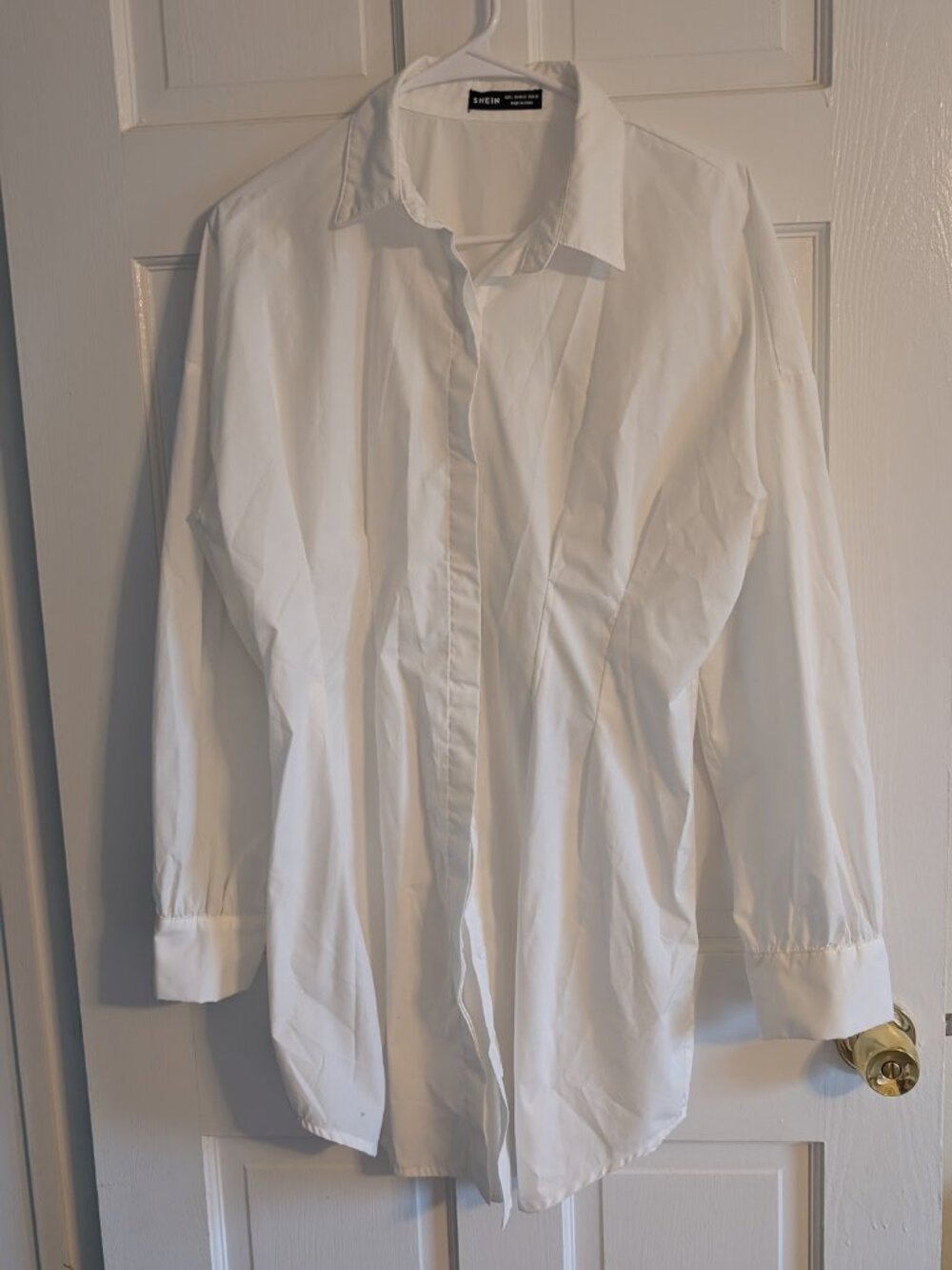 98🤍 SHEIN White Button-Down Shirt Dress— Cinched Waist (Size L) 🤍